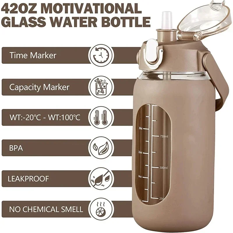 Home Gym Kettler - 1000ML 유리 물병(빨대 포함), 실리콘 슬리브와